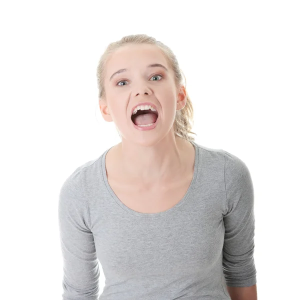 Çekici Bir Genç Sarışın Kadın Bağırmak Beyaz Zemin Üzerine Izole — Stok fotoğraf