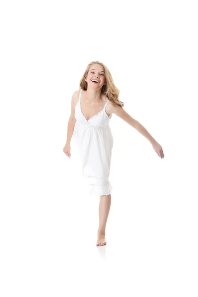 Glücklich Yiung Blonde Kaukasische Frau Weißem Sommerkleid Isoliert Auf Weiß — Stockfoto