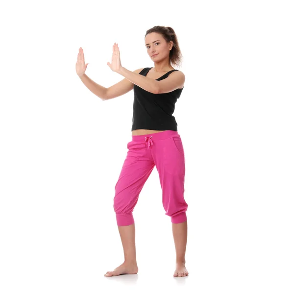Bella Giovane Donna Che Esercizio Yoga Isolato Bianco — Foto Stock