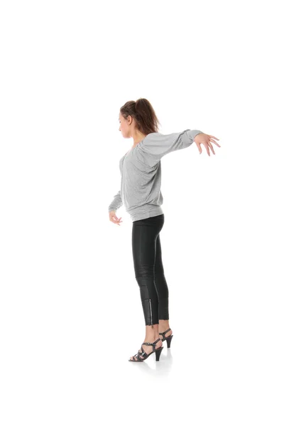 Jovem Mulher Treinando Dança Rumba Isolado Fundo Branco — Fotografia de Stock
