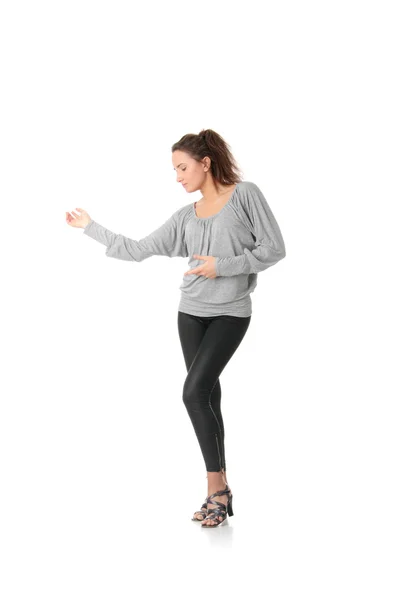 Junge Frau Trainiert Rumba Tanz Isoliert Auf Weißem Hintergrund — Stockfoto