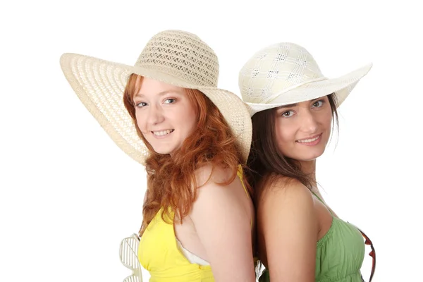Duas Namoradas Vestido Verão Chapéu Sobre Fundo Branco — Fotografia de Stock