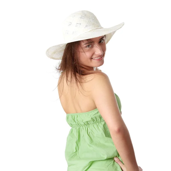 Verano Adolescente Chica Sombrero Grande Aislado Sobre Fondo Blanco —  Fotos de Stock