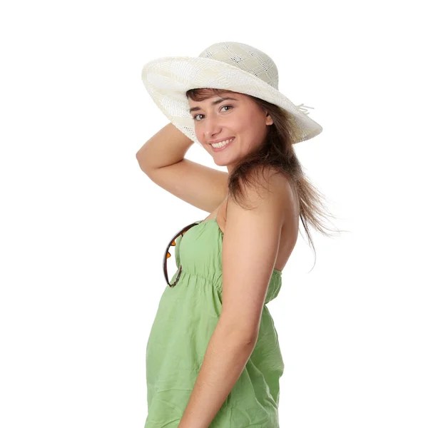 Καλοκαίρι Κορίτσι Εφήβων Στο Μεγάλο Καπέλο Που Απομονώνονται Λευκό Φόντο — Φωτογραφία Αρχείου