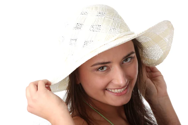 Καλοκαίρι Κορίτσι Εφήβων Στο Μεγάλο Καπέλο Που Απομονώνονται Λευκό Φόντο — Φωτογραφία Αρχείου