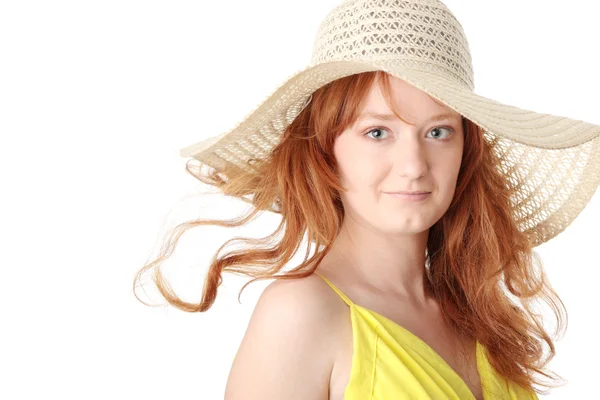 Redhead girl in yellow summer dress — Stock Photo, Image