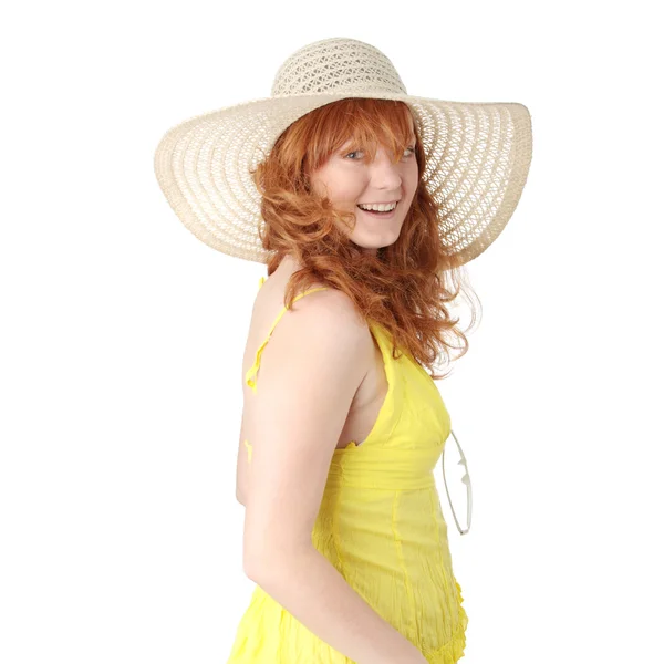 Redhead girl in yellow summer dress — Stock Photo, Image