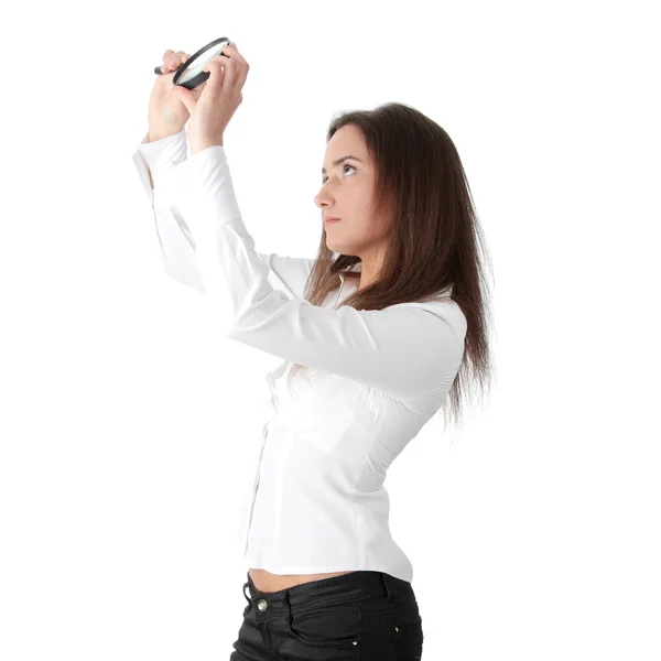 Vrouw Met Een Vergrootglas Een Hand Geïsoleerde Achtergrond — Stockfoto