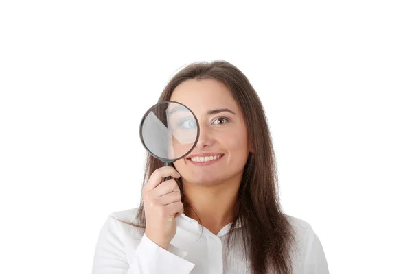 Woman Magnifier Hand Isolated Background — Stock Photo, Image