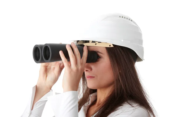 Business Vision Concept Enginer Woman Looking Throught Binoculars Isolated White — Stock Photo, Image