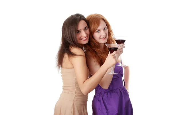 Duas Meninas Partido Com Bebidas Isoalted Fundo Branco — Fotografia de Stock