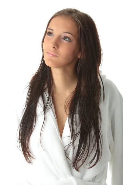 Young caucasian woman in bathrobe — Stock Photo, Image