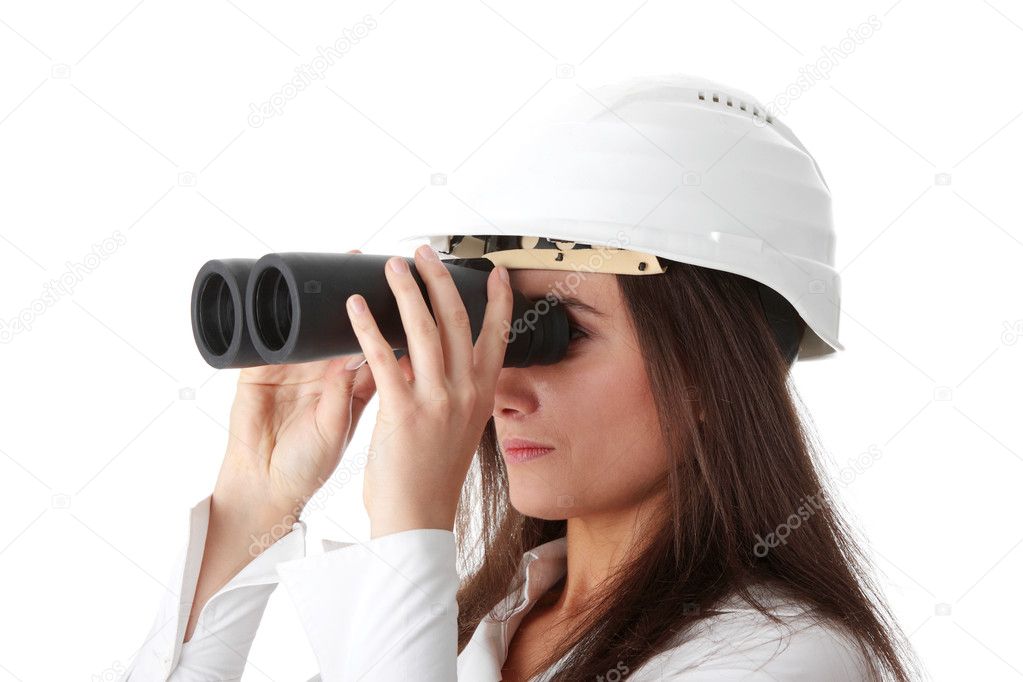 Business vision concept, enginer woman looking throught binoculars, isolated on white
