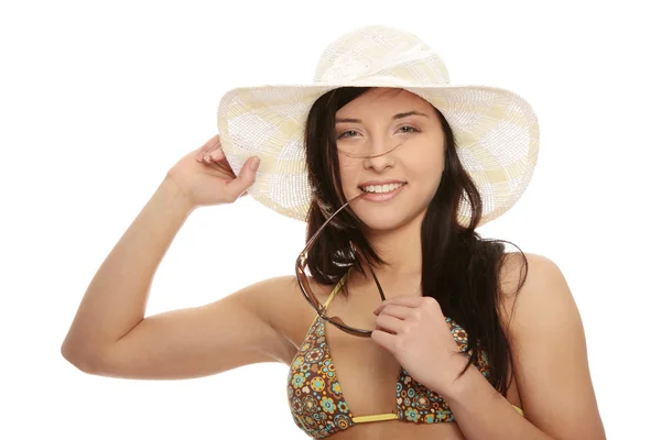 Mujer Verano Traje Baño Sombrero —  Fotos de Stock