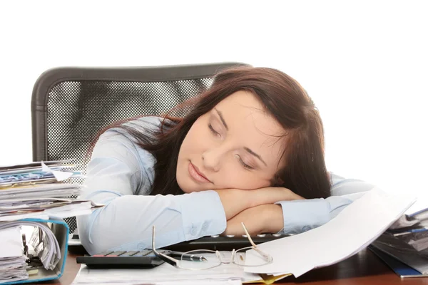 Wyczerpany, kobiece wypełniania formularzy podatkowych — Zdjęcie stockowe