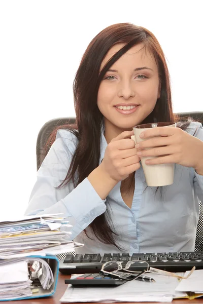 Exhausted Female Relaxing Filling Out Tax Forms While Sitting Her — Stock Photo, Image