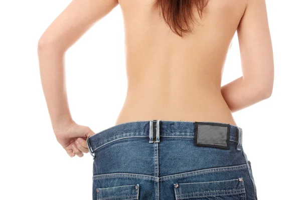 Mujer Mostrando Cuánto Peso Perdió Aislado —  Fotos de Stock