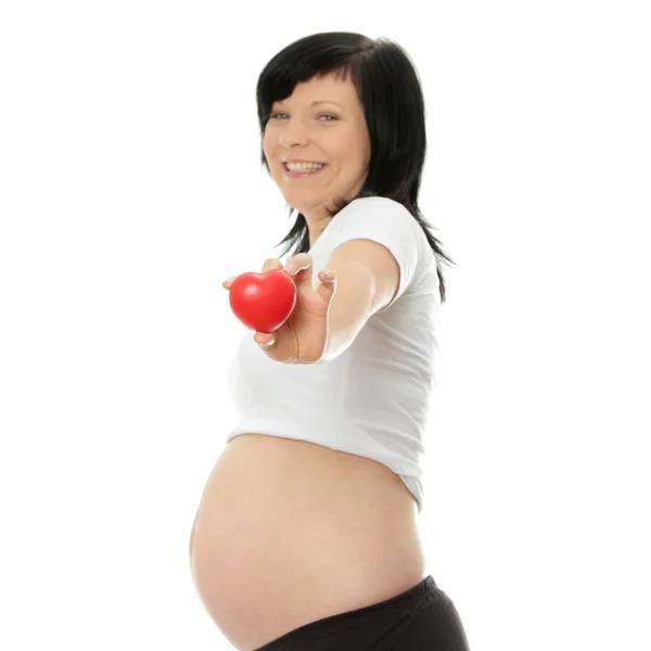 Mujer Embarazada Con Corazón Mano Aislada Sobre Fondo Blanco Concéntrate —  Fotos de Stock