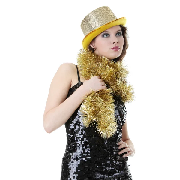 Joven Hermosa Mujer Caucásica Vestido Fiesta Elegante Negro Sombrero Oro —  Fotos de Stock