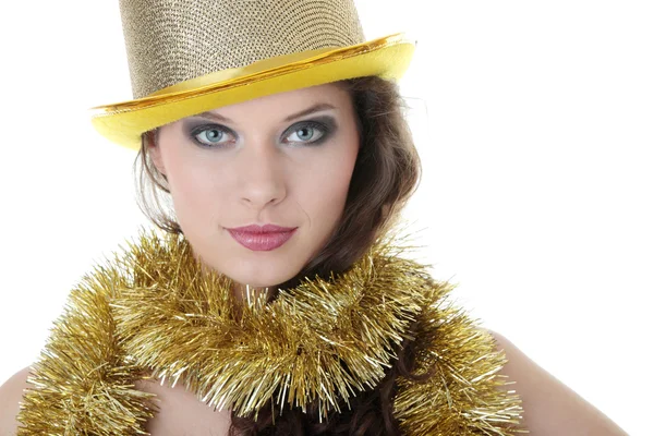 Young Beautiful Caucasian Woman Black Elegant Party Dress Gold Hat — Stock Photo, Image