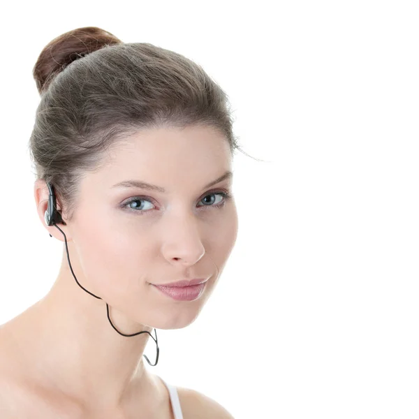Mujer Joven Fitness Con Auriculares Deportivos Escuchando Música Aislada — Foto de Stock