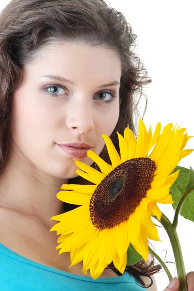 Portrait Beautiful Girl Sunflower Studio Shot White — Stock Photo, Image