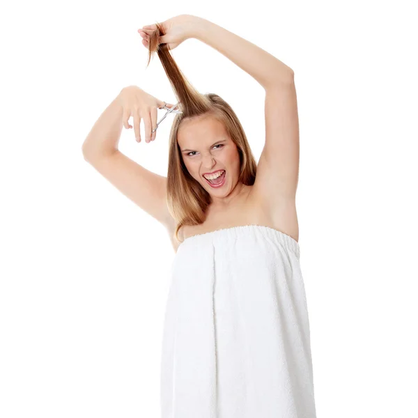 Mulher Adolescente Com Tesoura Isolada Branco — Fotografia de Stock