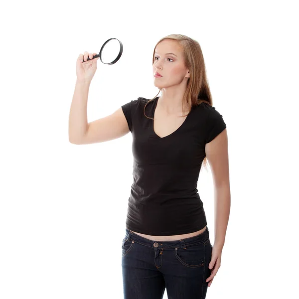 Teen Girl Magnifier Isolated White — Stock Photo, Image