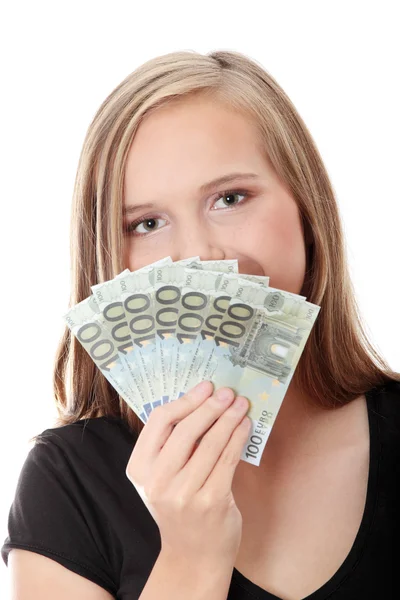 Mujer Rubia Adolescente Con Dinero Euros Aislado Sobre Blanco — Foto de Stock