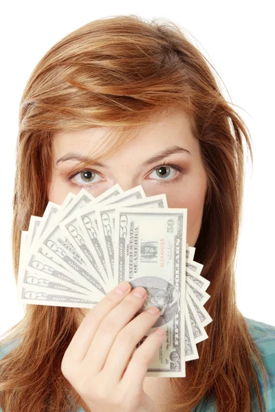 Tiener Vrouw Met Dollars Geïsoleerd Wit — Stockfoto