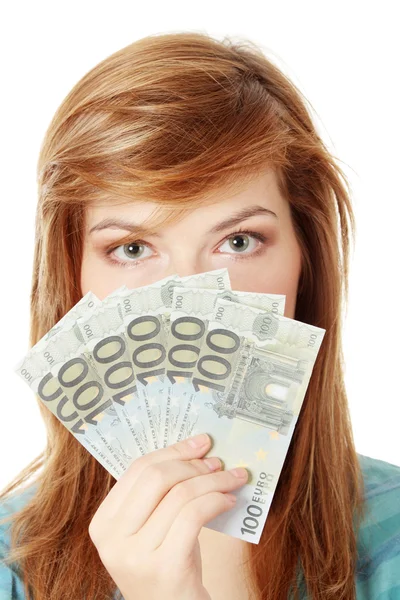 Teenager Frau Mit Euro Geld Isoliert Auf Weiß — Stockfoto