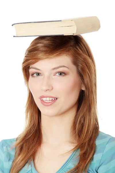 Young Caucasian Woman Student Book Her Head — Stock Photo, Image