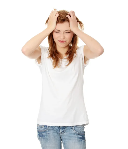 Mulher Adolescente Com Dor Cabeça Segurando Mão Cabeça Isolada Branco — Fotografia de Stock
