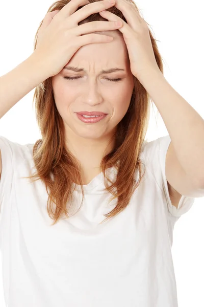 Teen Frau Mit Kopfschmerzen Hält Ihre Hand Den Kopf Isoliert — Stockfoto