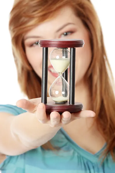 Teen Woman Holding Hourglass Isolated White — Stock Photo, Image