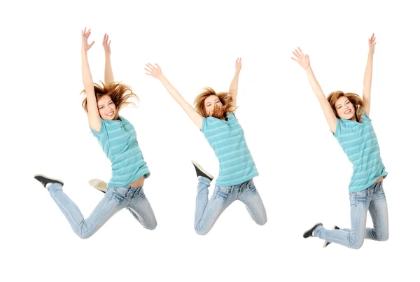 Zıplayan Mutlu Genç Kız Beyaz Arka Planda Soyutlanmış — Stok fotoğraf