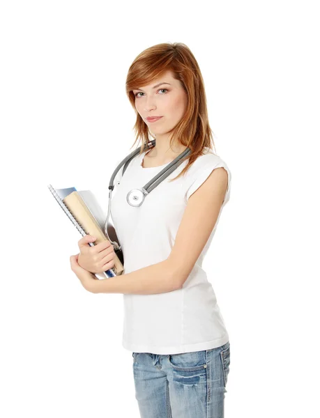 Jovem Estudante Medicina Feminina Isolada Branco — Fotografia de Stock