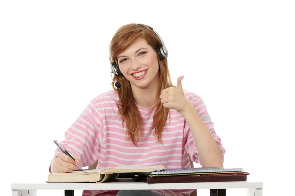 Teen Girl Learning Desk Learning Concept Isolated White — Stock Photo, Image