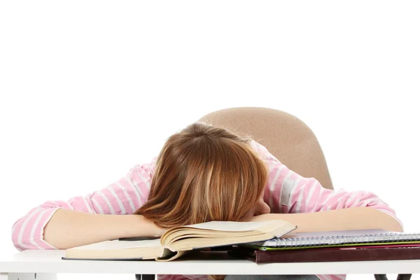 Young Teen Woman Sleeping Desk Isolated White — Stock Photo, Image