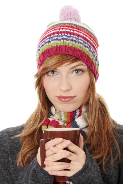 Young Woman Winter Cap Drinking Something Hot Isoalted White — Stock Photo, Image