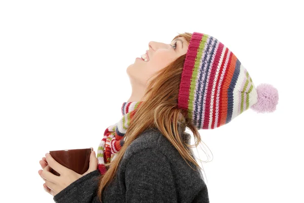 Young Woman Winter Cap Drinking Something Hot Looking Isoalted White — Stock Photo, Image