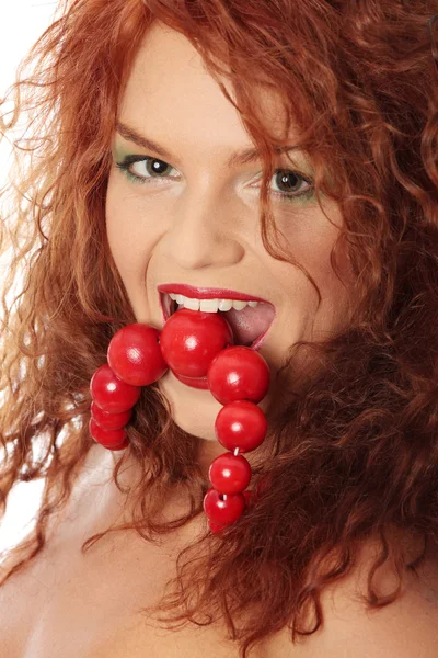 Close Portrait Beautiful Redhead Woman Big Red Vintage Wooden Beads — Stock Photo, Image