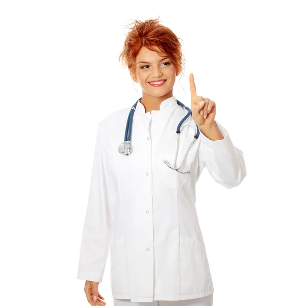 Doktor Veya Hemşire Soyut Screan Kararı Ile Parmağını Gülümseyerek Beyaz — Stok fotoğraf