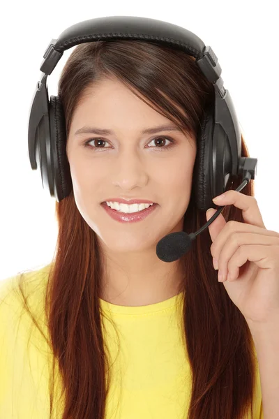 Chica Adolescente Con Auriculares Grandes Learning Concepto Juego Aislado Blanco — Foto de Stock