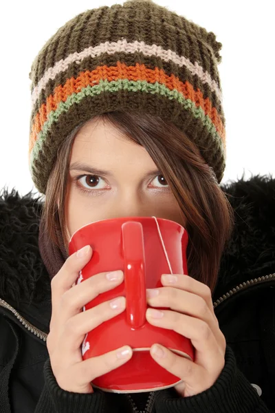Young Woman Winter Cap Drinking Something Hot Isoalted White — Stock Photo, Image
