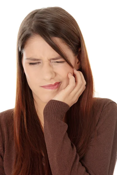 Junge Frau Mit Schmerzen Hat Zahnschmerzen Isoliert Auf Weiß — Stockfoto