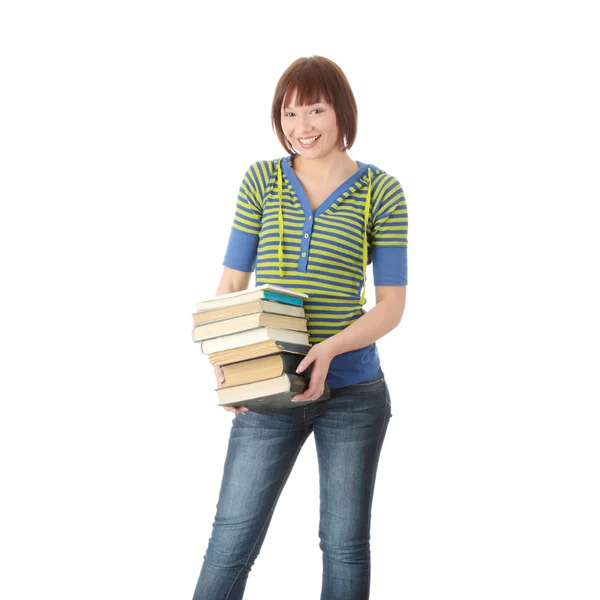 Vrouwelijke Student Met Boeken Geïsoleerd Witte Achtergrond — Stockfoto