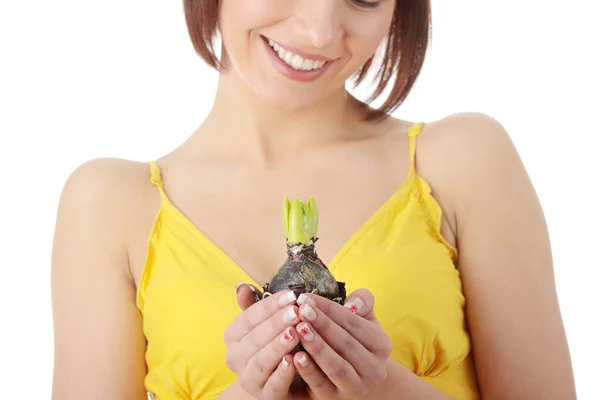 Teen Woman Yellow Dress Holding Smal Plant Spring Concept — Stock Photo, Image