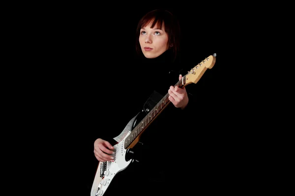 Woman Electric Guitar Black Background — Stock Photo, Image