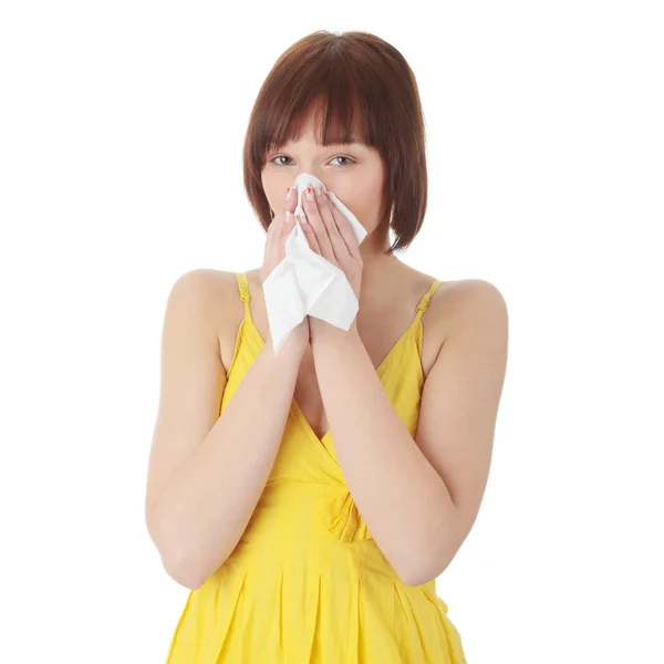 Mulher Adolescente Com Alergia Isolada Fundo Branco — Fotografia de Stock